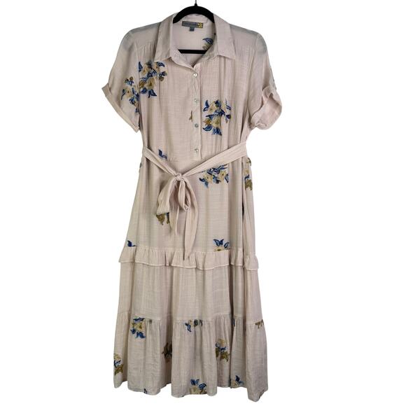 Figueroa & Flower Embroidered Tiered Midi Dress Flowy Floral Ruffle Large Tan L - Picture 2 of 15